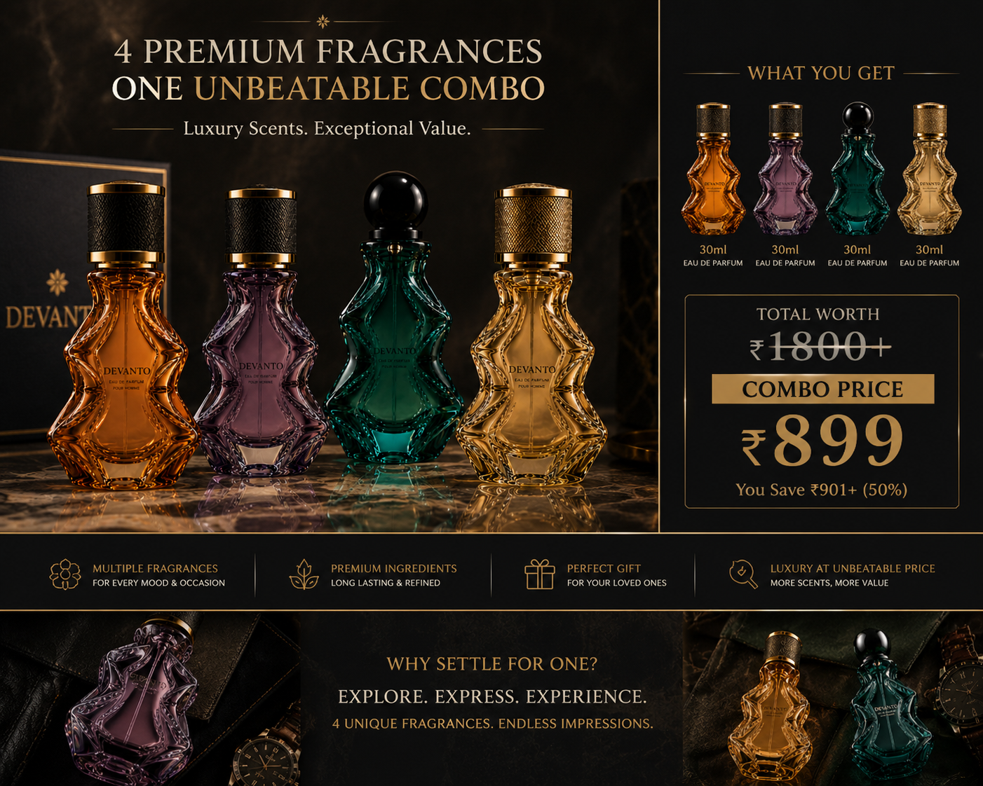 De'vanto Best Selling Unisex Combo | 30ml x 4 bottles combo for Mens & Women